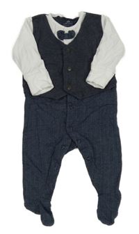 Tmavomodro-modro-biely vzorovaný slávnostný overal s melírovanou vestou a motýlkom Next