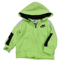 Neonově zeleno-černo-bílá propínací mikina s logem a kapucí Nike