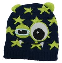 Tmavopetrolejovo-limetková pletená čapica s hvězdičkami - príšerkami
