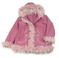 Ružový semišový zateplený kabát s kvietkami a srdiečkami a kožešinou a odopínacíá kapucňou myc