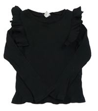 Čierne rebrované tričko s volánikmi SHEIN