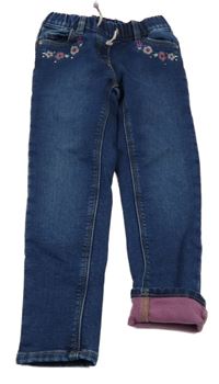 Tmavomodré teplákové thermo rifle s květy a flitry C&A