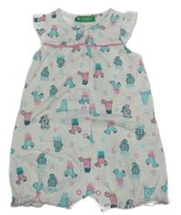 Bílý kraťasový overal s kaktusy a srdíčky