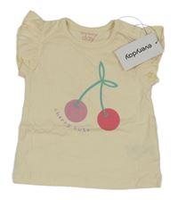 Nové - smetanové tričko s třešničkami a nápisem a volánky everyday