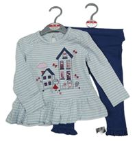 Nové - 2set - Světlemodro-bílé pruhované triko s domky a divkou + tmavomodré legíny St. Bernard