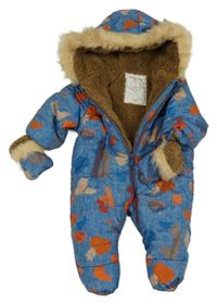 Modrá melírovaná vzorovaná šušťáková zimná kombinéza s kapucí + rukavice Mothercare
