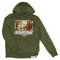 Nové - Khaki mikina s dinosaury s brooklynským mostem a kapucí Dunnes