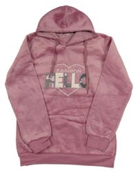 Starorůžová plyšová mikina se srdcem s nápisem a kapucí