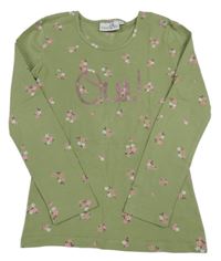 Khaki kvetované tričko s nápisem z flitrů