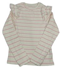 Smetanovo-růžové pruhované žebrované triko s volánky Dunnes