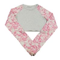 Svetlošedá -bielo-ružové bavlněno/sportovní crop tričko s batikovanymi rukávy