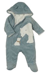 Modrá žebrovaná sametová zateplená kombinéza s medvědy a kapucí C&A