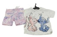 Nové - 2set - Bílé tričko se Stitchem a Angel + růžovo-modro-bílé batikované elastické kraťasy Disney