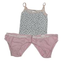 3set - Světlešedá melírovaná košilka se srdíčky + růžové puntíkaté kalhotky + růžové