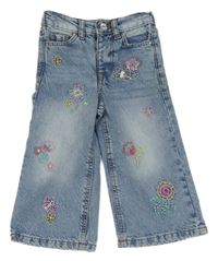 Modré široké rifle s výšivkami květin Denim Co.