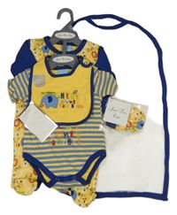 Nové - 4 set - Modro-žluté pruhované body + overal + bryndák + rukavice 