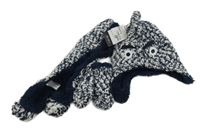 Nové - 3 set - tmavomodro-bílá vzorovaná pletená zateplená čepice + šála + rukavice 