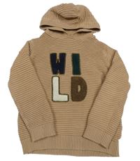 Hnedý rebrovaný sveter s nápisom a kapucňou Kiki&Koko