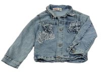 Modrá melírovaná rifľová bunda s vreckami a nápisom