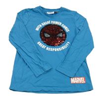 Modré triko se Spidermanem z flitrů marvel