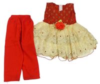 2set - Červené ľahké tepláky + červeno-krémová šatová tunika s 3D květem a kamienkami