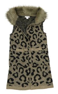 Béžovo-čierna úpletová vesta s leopardím vzorom a kožušinovým golierom Primark