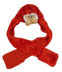 Červená plyšová čepice se Santou a šálou 