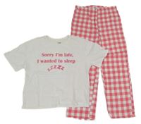 Bielo-ružové pyžama s nápisom a kockovanými nohavice Sinsay