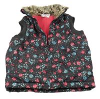 Antracitovo-modro-růžová květovaná šusťáková zateplená vesta Topolino