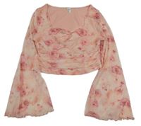 Svetloružové kvetované šifónové crop tričko Shein