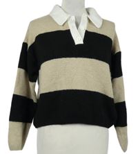 Dámsky čierno-béžový pruhovaný crop sveter s golierikom zn. Primark