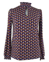 Dámska ružovo-modro-oranžová vzorovaná blúzka so stojačikom