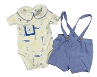 2set- modré bavlněné kraťasy s kšandami+ bílé body s obrázky