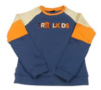 Tmavomodro-béžovo-oranžová mikina s logom Trollkids