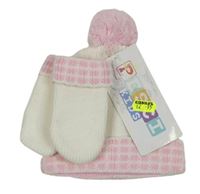 Nové- 2 set - Bílo-růžová pletená čepice s bambulí + pletené rukavice 