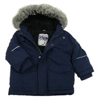 Tmavomodrá šušťáková zimná bunda s nášivkou a kapucňou zn. F&F