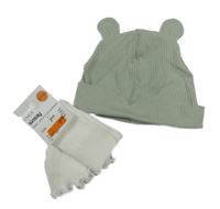 2set- khaki žebrovaná čepice s oušky+ bílé ponožky