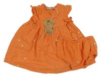 Nové - oranžové plátěné šaty s květinami 