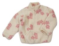 Smetanovo-růžová huňatá mikina s kytičkami Matalan