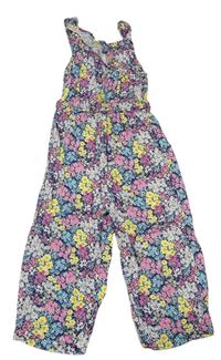 Tmavomodro-farebný kvetovaný nohavicový overal Tu