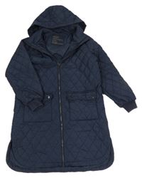 Tmavomodrý šusťákový prošívaný zateplený kabát s kapucí Next