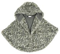 Sivé kožušinové podšité pončo s leopardím vzorom a kapucňou Next