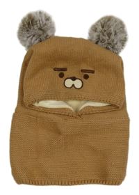 Karamelová pletená podšitá kukla s ňufáčikom  a bambulemi