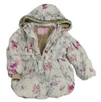 Bílo-květovaná šusťáková zimní bunda se zvířaty a kapucí Tu