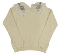 Vanilkový sveter s tylovým golierom a kamienkami River Island