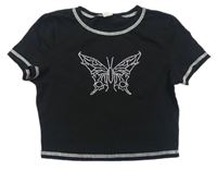 Čierne crop tričko s motýlkem z flitrů Shein