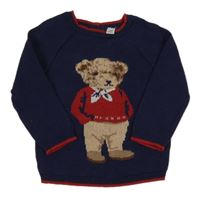 Tmavomodro-červený sveter s medvedíkom Rock a Bye Baby