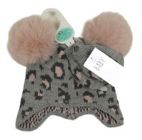 Nové - 2set - Šedo-růžová vzorovaná pletená čepice s bambulemi + rukavice George 