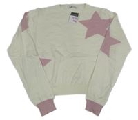Nové - Smotanový crop sveter s ružovými hviezdičkami Primark