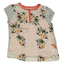 Broskvovo-sivé tričko s kvetmi a zipsom Fracomina